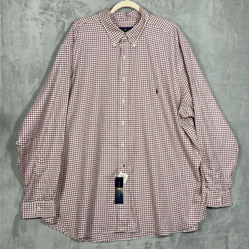 Ralph Lauren Mens Shirt 3XB Red Check Big & Tall Cotton Long Sleeve Pony Logo - Picture 1 of 10